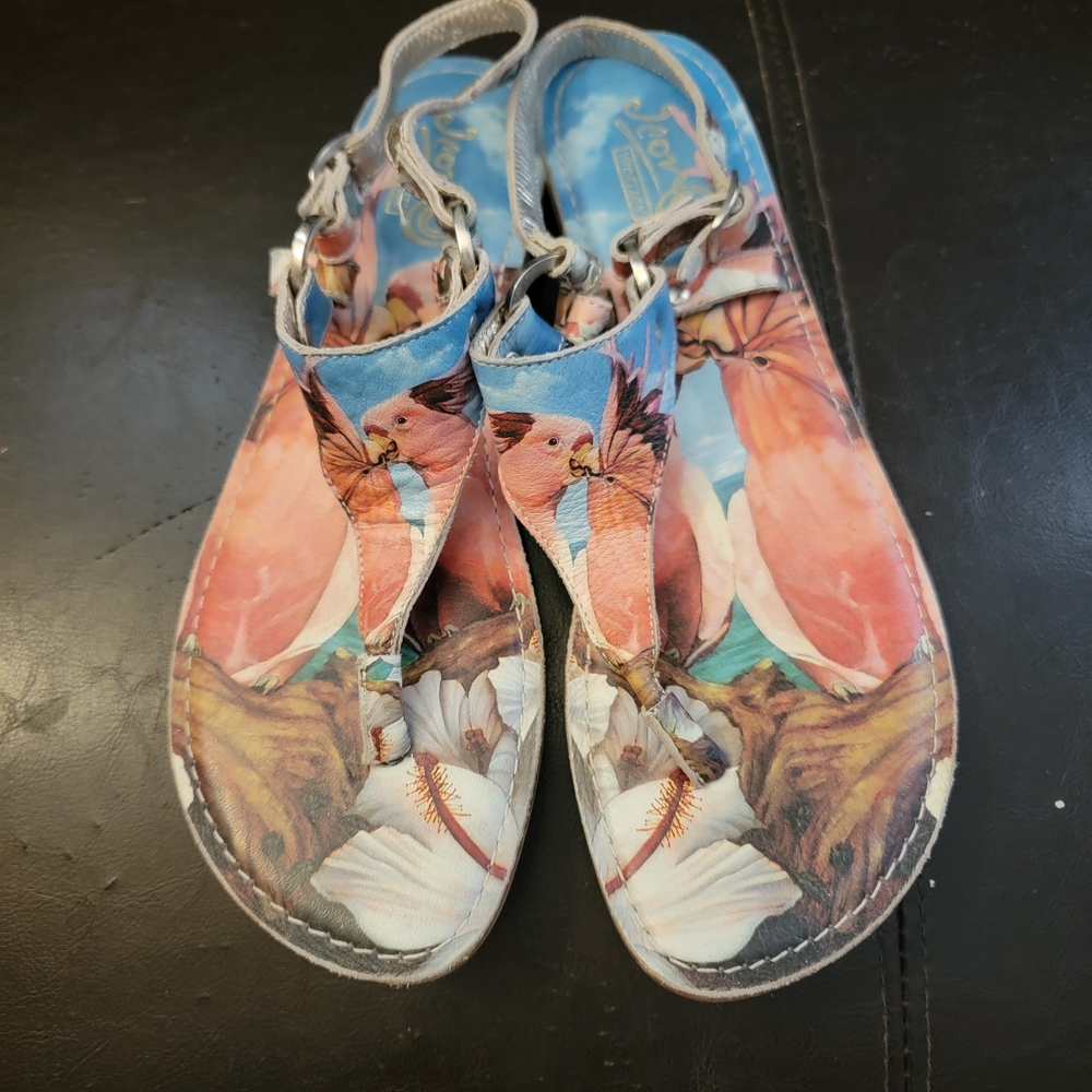 Icon Vacation Parrot Print Sandals – Tropical Art Leather Flats – Size 11